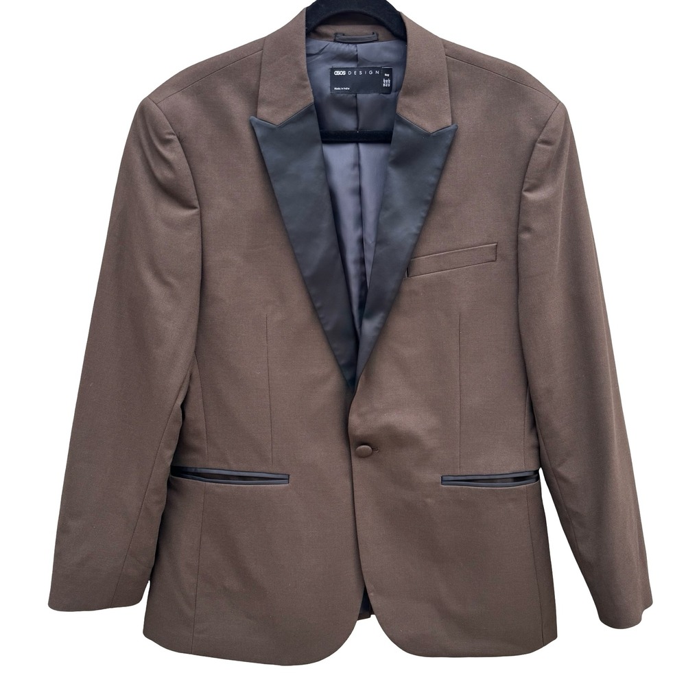 ASOS DESIGN Mens Brown Tuxedo Blazer Contrast Satin Peak Lapel 40 Formal Evening